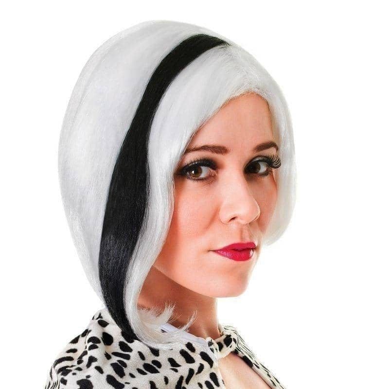 Womens Glamour Diva White With Black Streak Wigs Female Halloween Costume_1