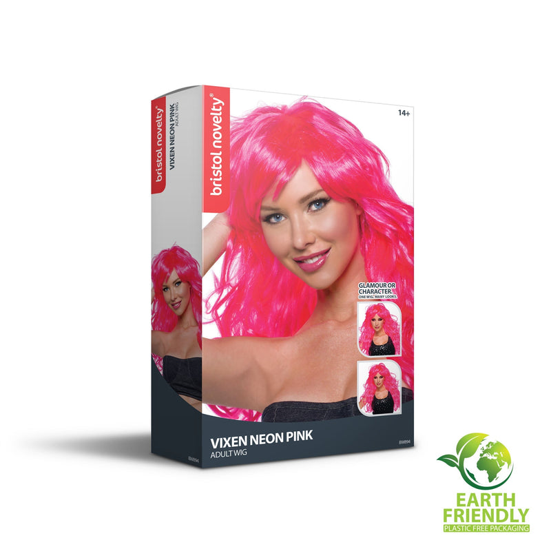 Womens Vixen Wavy Neon Pink Wigs Female Halloween Costume_1