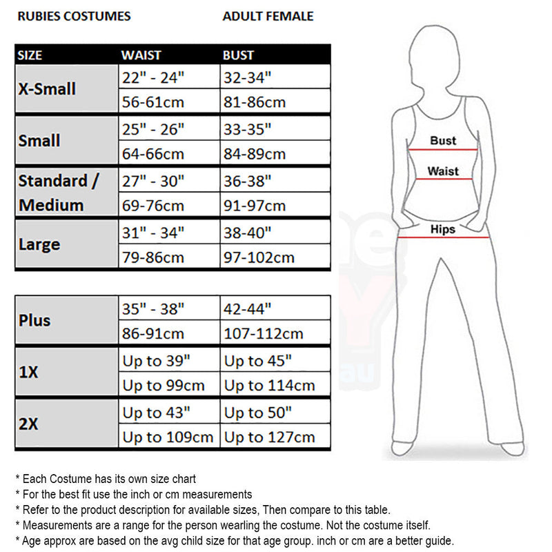 Size Chart Wonder Woman Secret Wishes Adult Costume