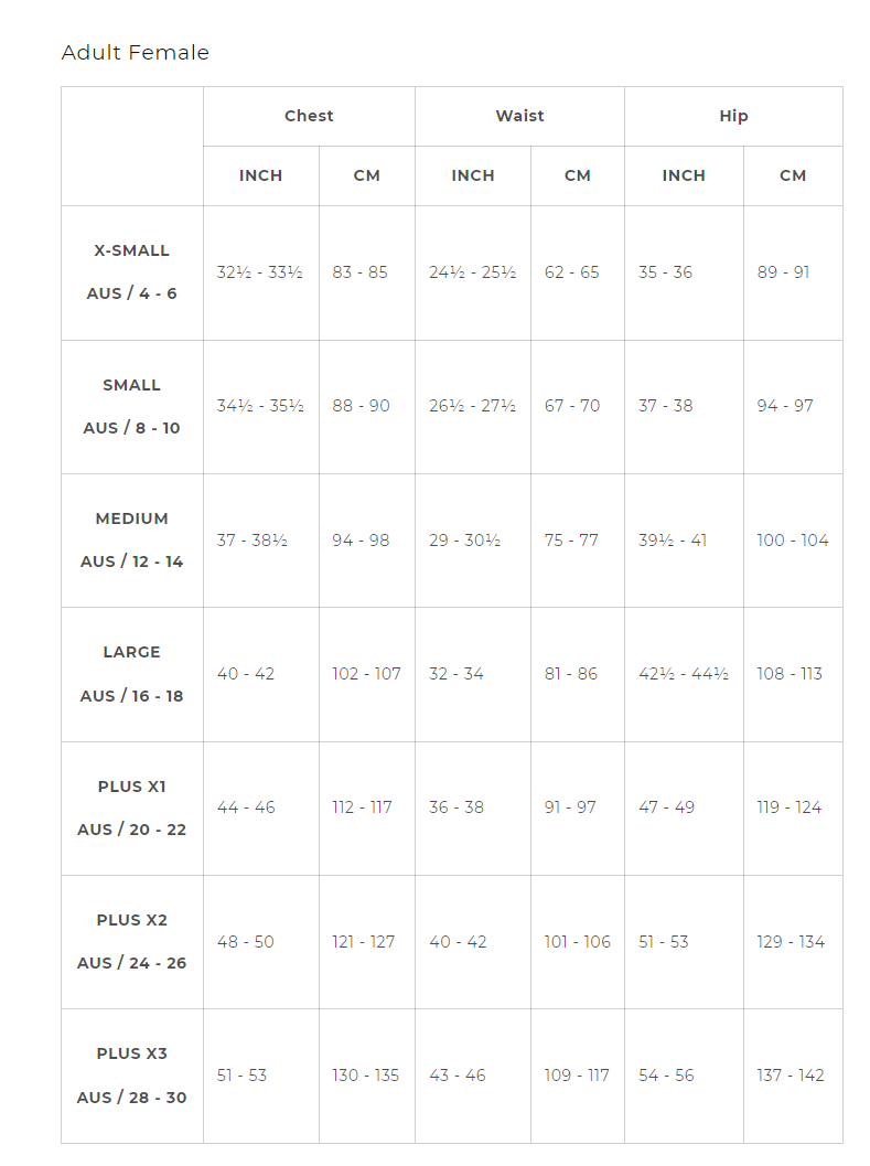 Size Chart Zombie Female White Adult