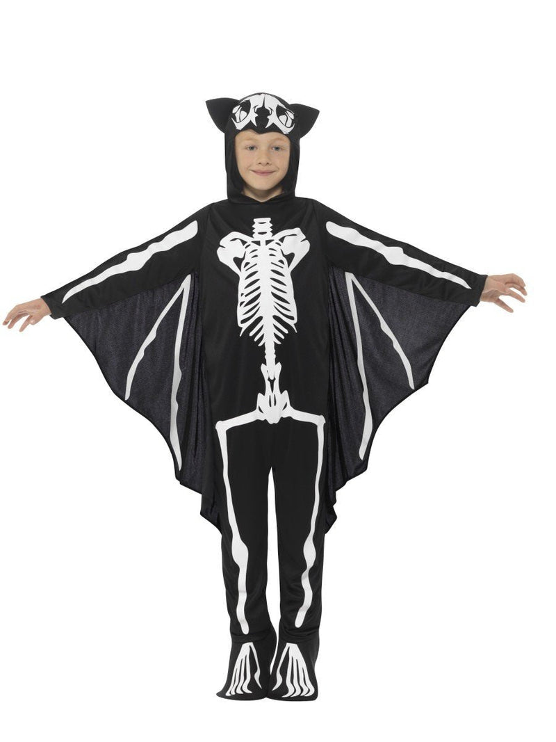 Bat Skeleton Costume Kids Attached Wings Black White Bodysuit