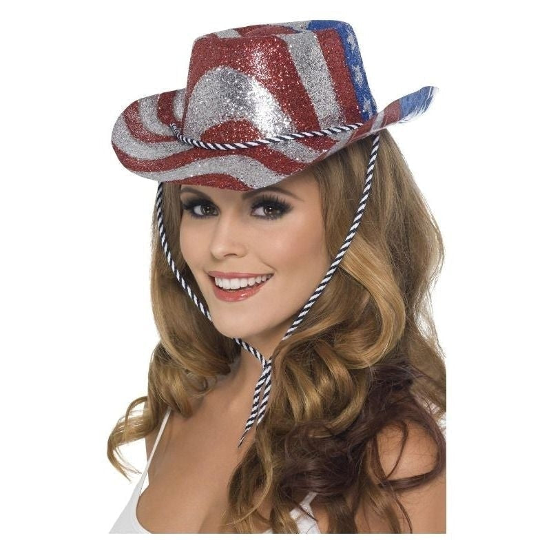 Cowboy Glitter Hat Stars & Stripes Adult Red Silver_2 