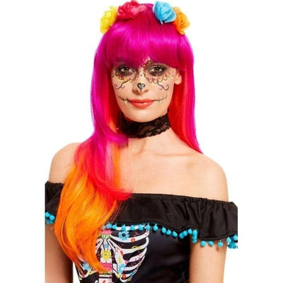 Day Of The Dead Wig Adult Pink Orange_1 sm-61119