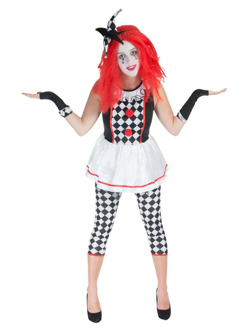 Ladies Clown Jester Costume Dress Gloves Leggings and Headband Harlequin