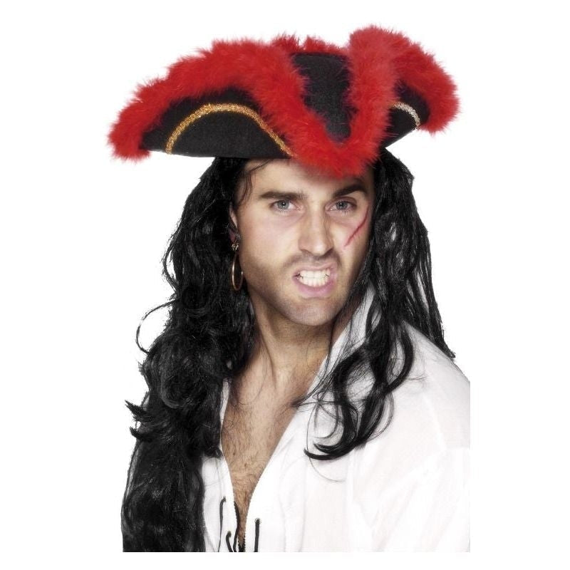 Pirate Tricorn Hat Red Feather Adult Black_2 