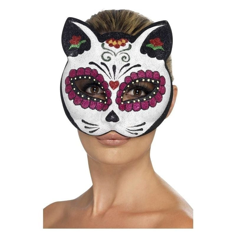 Sugar Skull Cat Glitter Eyemask Adult White_2 